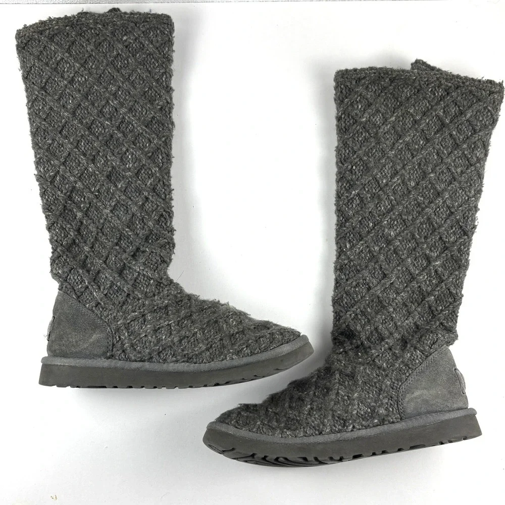 UGG Lattice Cardy Boots Women 7 Grey Knit Button Tall 3066 Cottagecore Cabincore